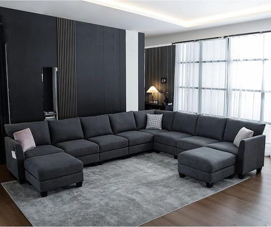 150.4" Large Sectional Couches for Living Room, 8 Seater L Shaped Modular Sectional Sofa with Two Storage Ottomans & USB, Oversized Corner Couch for Living Room (Grey)