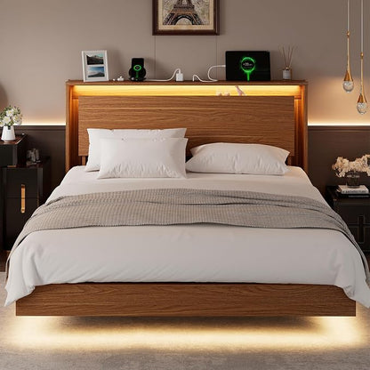 Einhomn Bed Frame Queen Size with LED Lights & Charging Station – Kids Wood Floating Queen Bed Frame with Storage Headboard, Adhesive Slats, Kick-Free & Noise-Free Design, Easy Assembly, Walnut