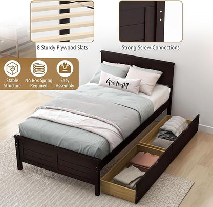 KOMFOTT Twin Size Wood Bed Frame with 2 Storage Drawers, Mid Century Platform Bed Frame with Headboard, Sturdy Wooden Slats Support, Modern Mattress Foundation, No Box Spring Required, Easy Assembly