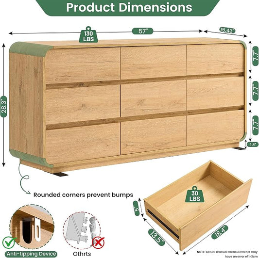 Standifurno Natural Dresser for Bedroom with 9 Drawers, 57" Wide Modern Drawers with Curved Design, Wood Drawer Organizer for Living Room, Hallway