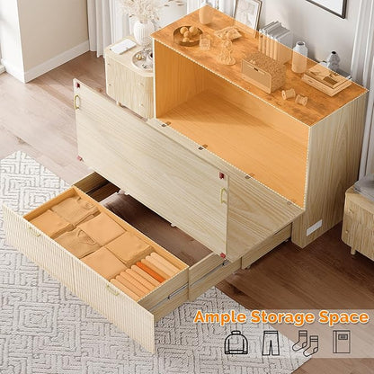 VINGLI Queen Murphy Bed with Storage Drawer,2 Charging Station,Fluted Wooden Foldable Bed Cabinet,Boho,Hideaway Paltform Panel Bed for Small Spaces,Guest Room,Office,Apartment,Beige