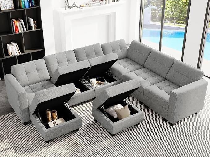 Belffin Modular Sectional Sofa with Storage Ottoman Oversized U Shaped Sofa Set Modular Sofa with Reversible Chaises Modern Fabric Light Grey