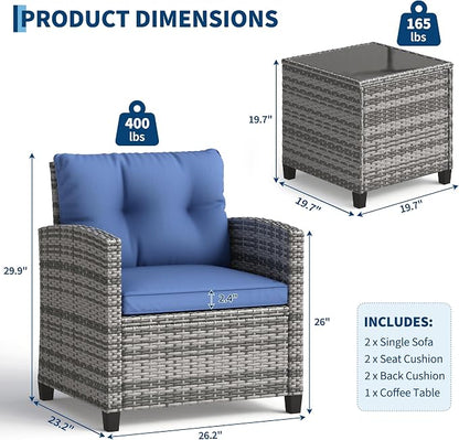 Garvee Outdoor Wicker Chairs,3 Pieces Patio Furniture Set,All Weather High Back Rattan Chairs w/Washable Cushion and Tempered Glass Tabletop for Deck Porch Balcony Backyard Garden,Gray & Blue