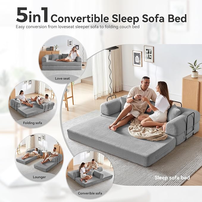 Convertible Sleeper Sofa Bed, Sleeper Sofa with Pillow | Corduroy Fabric | High-Density Sponge | Fixed-Shape Frame, Modular Sofa Bed for Living Room Lounge Studio (Light Grey)