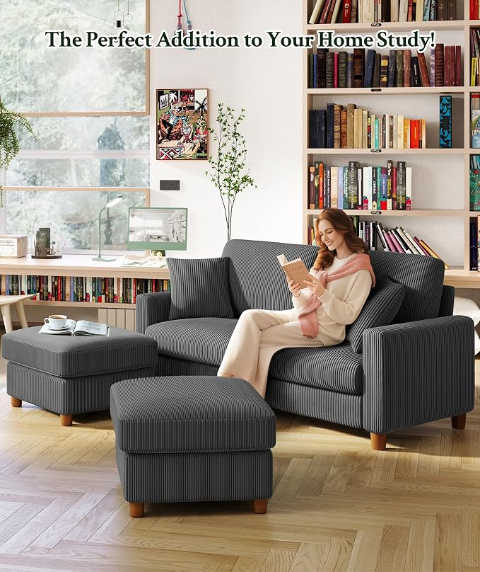 Welzona 70.2" Couches for Living Room, Comfy U Shaped Couch Grey 7.1" Thicker Cushion, Sofas for Living Room Tool-Free Setup, Loveseat with Ottoman 7058lbs Support, Corduroy Couch for Bedroom, Office