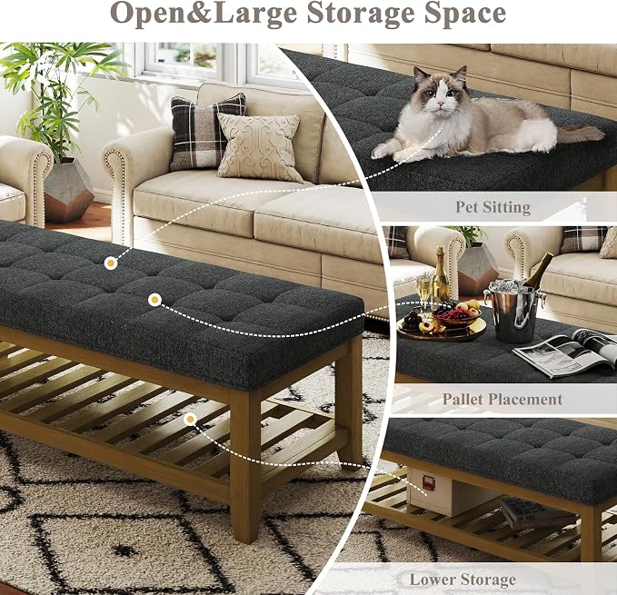 Befurtori Large Rectangular Upholstered Ottoman Bench, Linen Tufted Footrest Ottoman with Solid Wood Shelf Storage Coffee Table for Bedroom Living Room, Dark Gary