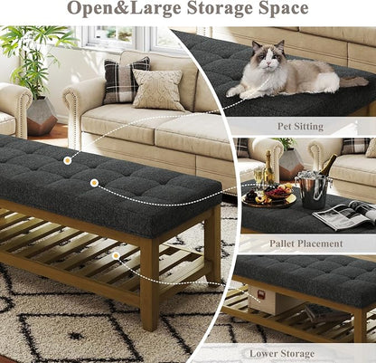 Befurtori Large Rectangular Upholstered Ottoman Bench, Linen Tufted Footrest Ottoman with Solid Wood Shelf Storage Coffee Table for Bedroom Living Room, Dark Gary