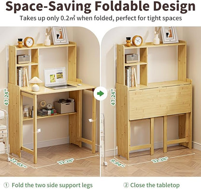 Bamboo Folding Desk for Small Spaces with Storage, Mid Century Foldable Desk with Bookshelf, Small Desks with Storage for Home Office Bedroom, Natural