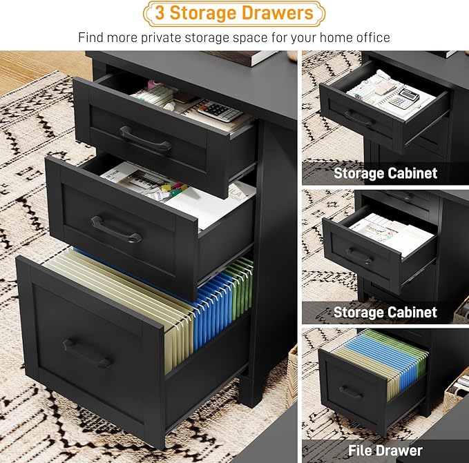 Halitaa 59” L Shaped Executive Desk with Power Outlets, Farmhouse Home Office Desk with File Drawer,Storage Cabinet, Wood Corner Sturdy Writing Workstation.Black