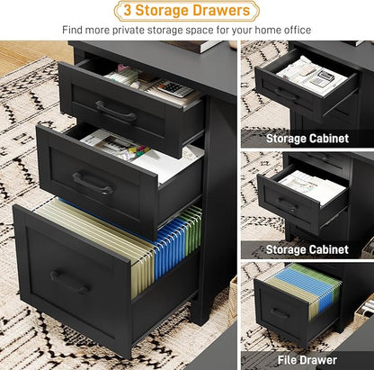 Halitaa 59” L Shaped Executive Desk with Power Outlets, Farmhouse Home Office Desk with File Drawer,Storage Cabinet, Wood Corner Sturdy Writing Workstation.Black