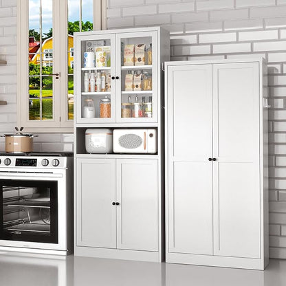 Kitchen Pantry Cabinet, 72" H Storage Cabinet with Glass Doors and Adjustable Shelves, Spacious Cupboard with 2 Handles, Metal Kitchen Cabinet for Dining Room, Living Room, White