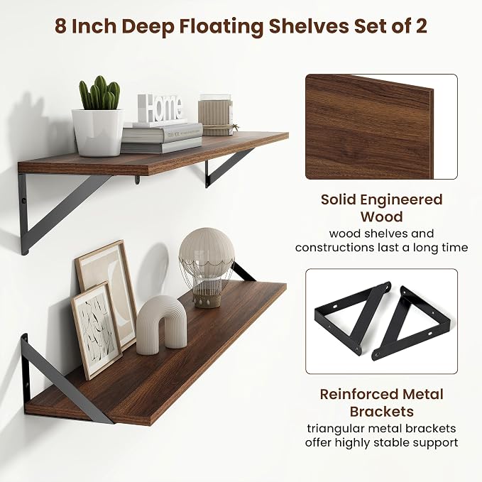 Axeman 36 Inch Floating Shelves | 8 Inch Deep Walnut Wall Shelves Set of 2 | 36''W x 8''D Rustic Walnut Shelves for Bathroom Living Room Bedroom Kitchen