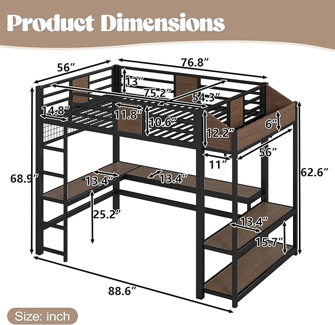 Bellemave Full Size Loft Bed with Desk and USB Ports, Clothes Hanging Rod, LED, Metal Full Loft Bed Frame for Adults, Kids, Teens, Black