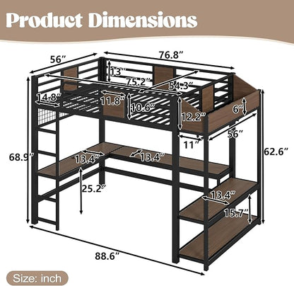 Bellemave Full Size Loft Bed with Desk and USB Ports, Clothes Hanging Rod, LED, Metal Full Loft Bed Frame for Adults, Kids, Teens, Black