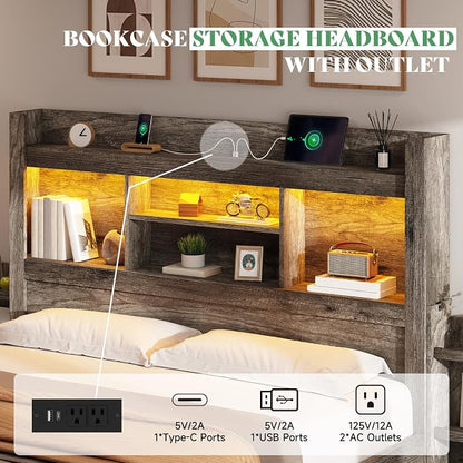 AMERLIFE Queen Bed Frame with 4 Storage Drawers, LED Bed Frame with 49“ Tall Bookcase Headboard, Wood Platform Bed with Charging Station & 2 Slide Bedside Shelf, No Box Spring Needed/Rustic Grey