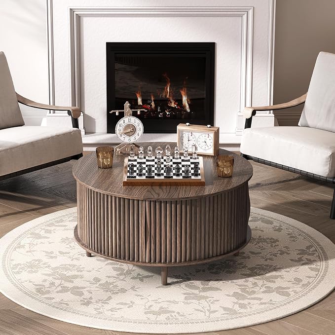 Round Coffee Table with Storage, 31.5" Mid Century Modern Coffee Table with Sliding Door & Solid Wood Legs, Minimalist Fluted Center Table for Living Room, Home Small Space, Walnut