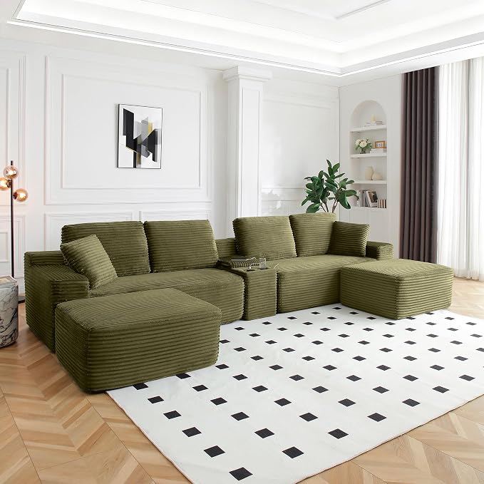 ivoros 150 Inch Modular Sectional Sofa Couch, Oversized Modern Cloud Couch for Living Room, U Shape Couches with 2 Ottomans, USB Ports and Cup Holders, Green Corduroy Boneless Sofas, Sofa in a Box