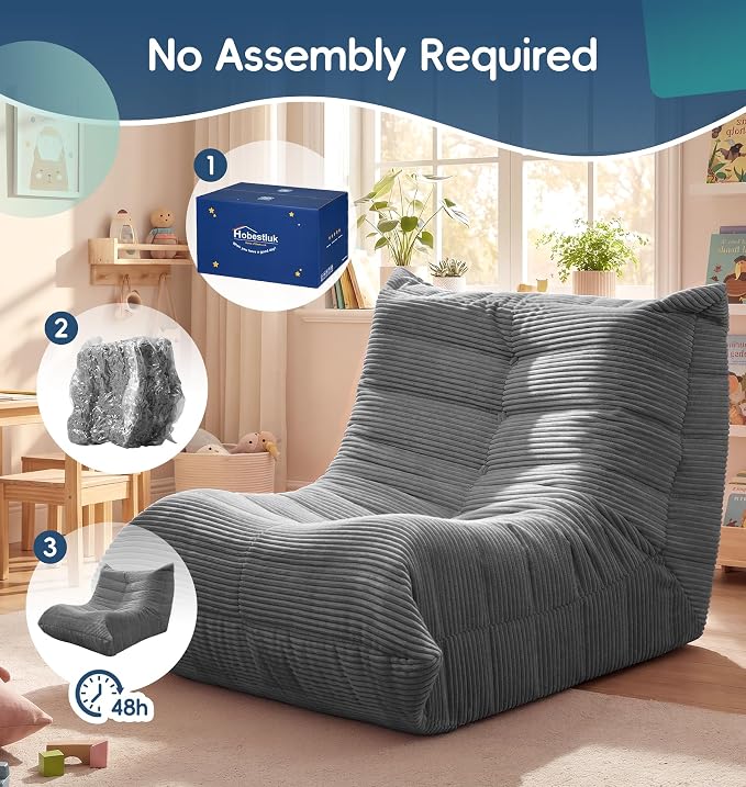 Hobestluk Medium Bean Bag Chair Faux Fur Fabric BeanBag Couch for Playroom | Grey Corduroy,Ergonomic Design,Memory Foam,Strong Supportive,No Assembly Required,Decorative Style for Living Room Bedroom