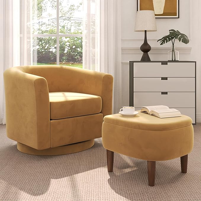 Swivel Accent Chair with Storage Ottoman, Modern Velvet Barrel Chair, Upholstered Armchair with Footrest for Living Room/Reading/Bedroom, 25.4'' D x 28.35'' W x 24.4'' H, Yellow