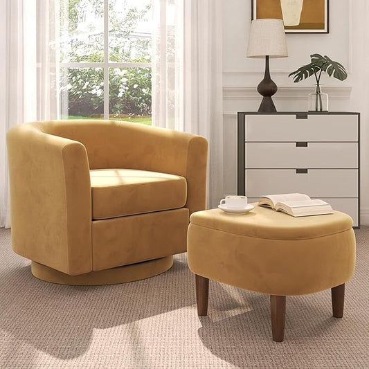 Swivel Accent Chair with Storage Ottoman, Modern Velvet Barrel Chair, Upholstered Armchair with Footrest for Living Room/Reading/Bedroom, 25.4'' D x 28.35'' W x 24.4'' H, Yellow