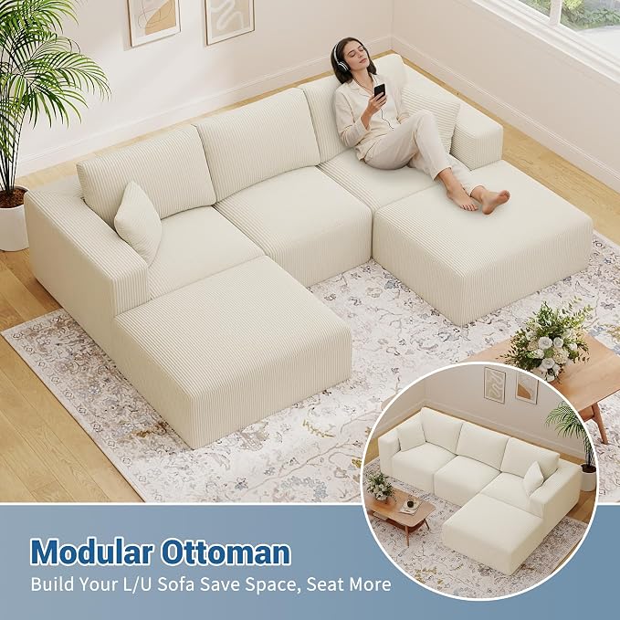 40" Oversized Large Square Corduroy Ottoman Pouf - Poofy Plush Foot Rest with Foam Chunk Filling, Movable Floor Pouf Footstool & Ottoman Coffee Table for Living Room Couch Bedroom, Beige (2 Pieces)