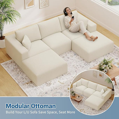 40" Oversized Large Square Corduroy Ottoman Pouf - Poofy Plush Foot Rest with Foam Chunk Filling, Movable Floor Pouf Footstool & Ottoman Coffee Table for Living Room Couch Bedroom, Beige (2 Pieces)
