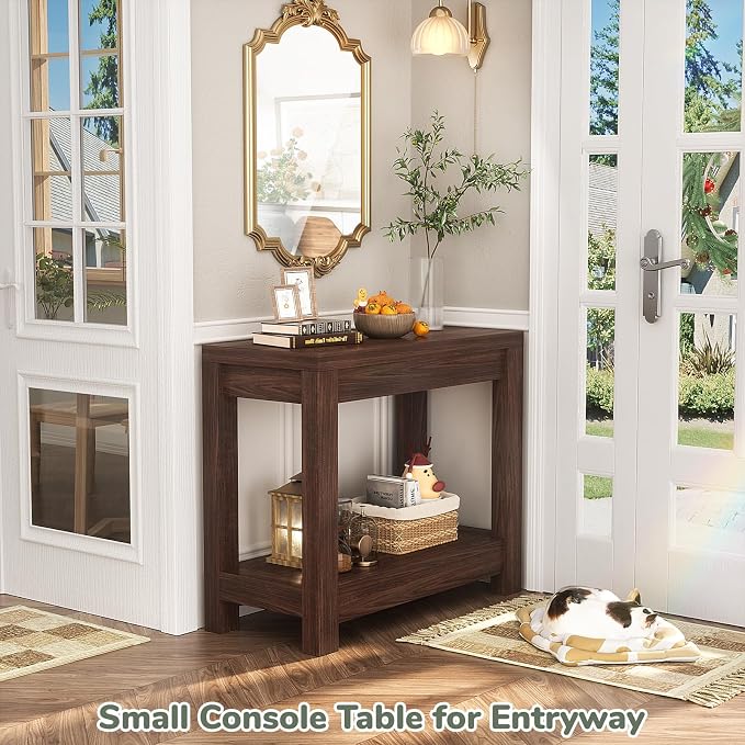 Besiost Farmhouse End Table, Narrow Side Table, Slim End Table with Storage Shelf, Small Console Table for Small Spaces, Rustic Nightstand Sofa Table for Living Room, Bedroom, 24" Black Walnut