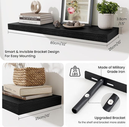 Fun Memories Floating Shelves for Wall, 32 Inch Long Floating Shelves Set of 3, 32 x 10 Wooden Shelves for Wall, Large Storage Shelves, Hanging Shelves for Bathroom Kitchen Bedroom, Black