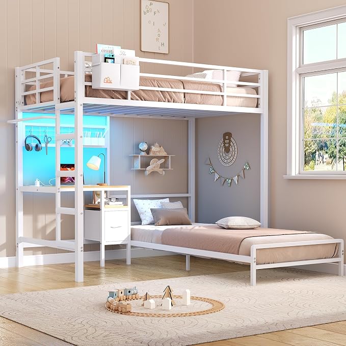 DICTAC Twin Over Twin Bunk Bed with Desk,Led Lights and Charging Station Metal L-Shaped Bunk Beds with Storage Drawers and Shelves, Loft Bed with Safety Guardrail and Ladder for Kids and Teen,White