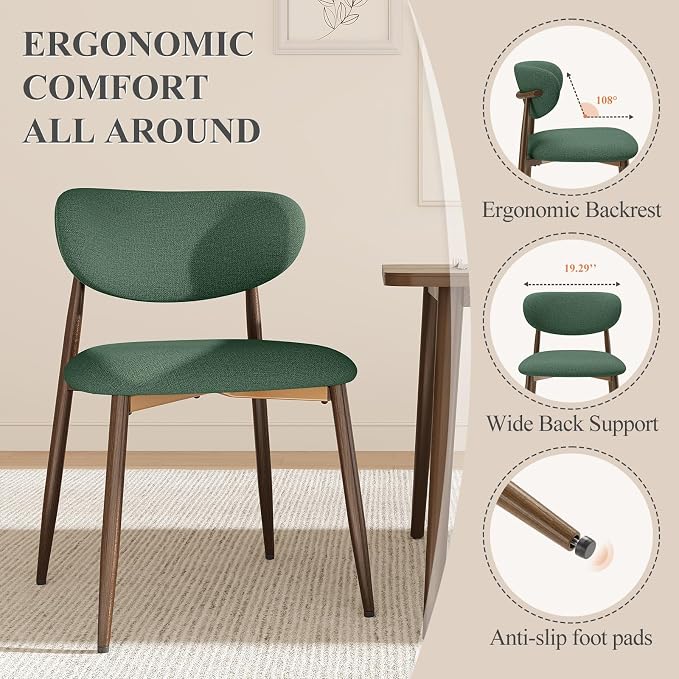 MALOL Upholstered Dining Chairs Set of 4, Curved Back Kitchen Chairs with Metal Legs and Anti Slip Pads, Dining Room Chair for Home and Restaurant, Green