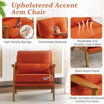 Vingli Solid Wood Wide Armrests Accent Chair Set of 2,Upholstered Mid Century Modern Chair with Pillow,Farmhouse Arm Chair Comfy Reading Chair,Chairs Living Room,Bedroom,Guest Room,Linen Fabric,Orange