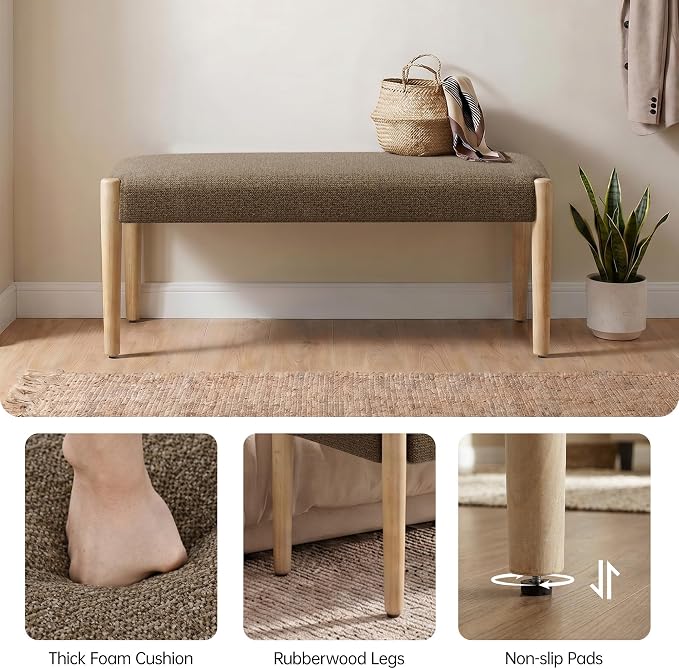 Usaint 42" End of Bed Bench, Modern Upholstered Bedroom Bench with Rubberwood Legs, Entryway Bench with Cushion, Dining Bench for Living Room, Bedroom, Dark Brown with Oak Leg