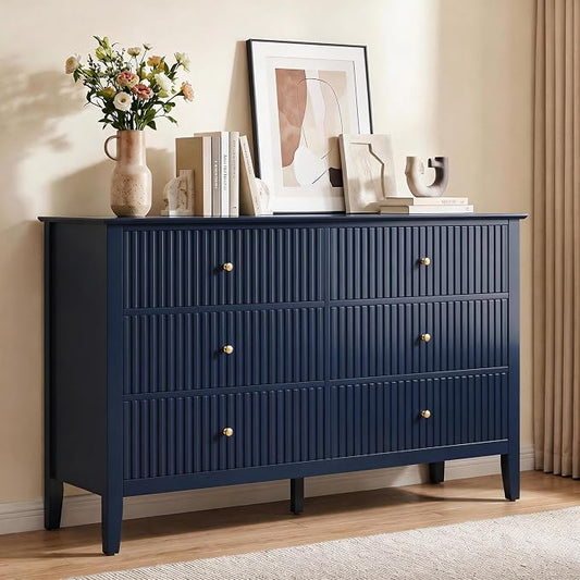 RoyalCraft 6 Drawer Dresser, Fluted Modern Wood Chest of Drawers, Long Dresser for Bedroom TV Stand Storage Cabinet for Living Room, Blue