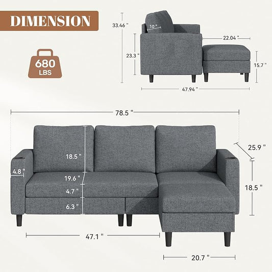 Luxanimarion Upholstered Sectional Sofa and Couches, 78'' L Shaped 3-seat Sofa forLiving Room, Apartment,Lounge,Bedroom-Washable Covers Convertible Sofas(Linen Fabric,Dark Gary)