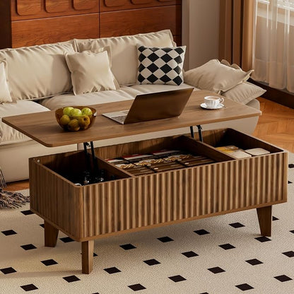Rectangular Lift Top Coffee Table with Storage, Wood Fluted Modern Living Room Center Table for Home Office, Walnut