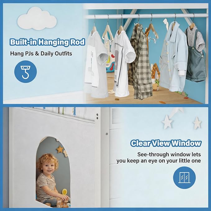 Einhomn Twin Low Loft Bed with 8 Drawers, Bookshelf, Heavy Duty Metal Kids Loft Bed with 13 Inch Safety Guardrail, Play Curtain, Under-Bed Play Area - White