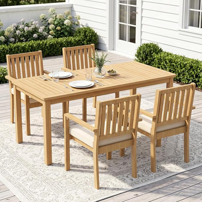 FansaFurn 5 Pieces Acacia Outdoor Patio Table and Chairs Set for All-Weather, Outside Furniture with Table Umbrella Hole and Removable Cushion for 4, Outdoor Patio Furniture Set for Garden, Beige