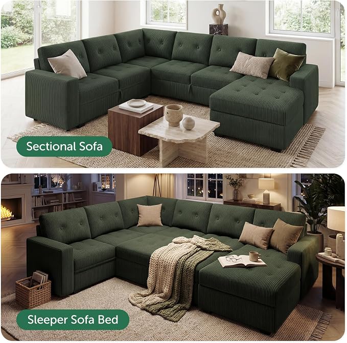 HONBAY Modular Sectional Sleeper Sofa with Pull Out Bed, U Shaped Sleeper Couches with Storage Chaise, 114'' Sleeper Sectional Sofas for Living Room, Apartment (Velvet Green)