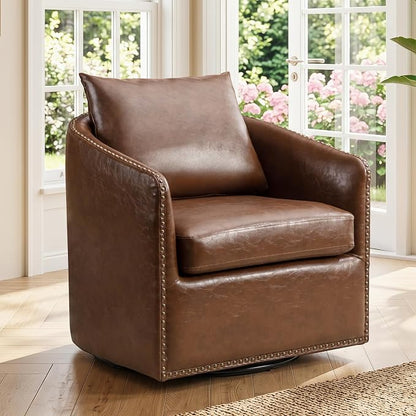 HAOMARKETS 360 Degree Swivel Barrel Chair with Plump Back Pillow, Waterproof Oil Waxed PU Leather Swivel Armchair with Rivets, Comfy Vintage Round Accent Chair for Living Room