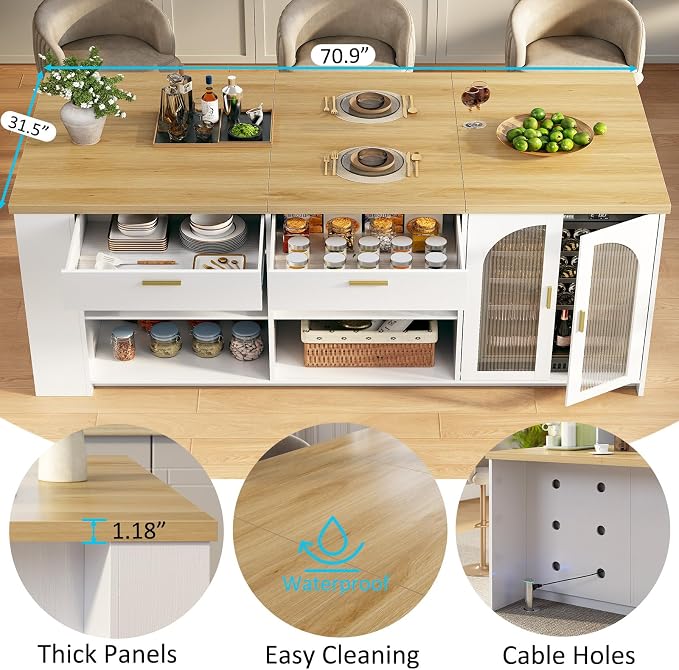 IBF 71" Large Kitchen Island with Storage, Modern Wood Island Table with Seating for 4-6, Stationary Island Cabinet with Drawers & Fridge Space, Counter Height Island Bar for Kitchen, Light Oak