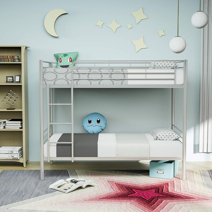 Metal Bunk Bed Twin Over Twin - with Removable Ladder and Guard Rail - Space Saving Design - Easy Assembly -Silver Grey