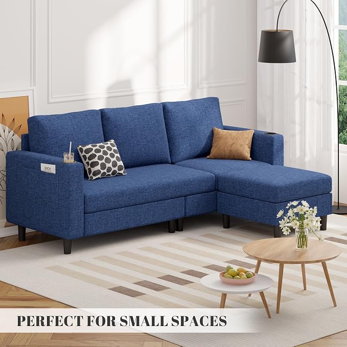 Luxanimarion Upholstered Sectional Sofa and Couches, 78'' L Shaped 3-seat Sofa forLiving Room, Apartment, Lounge,Bedroom-Washable Covers Convertible Sofas(Linen Fabric,Blue)