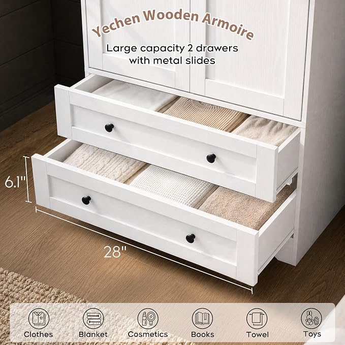 Yechen 71" Wooden Armoire Wardrobe Closet - Modern Functional Clothes Tall Storage Cabinet with Adjustable Shelf and Hanging Rail, Sturdy Freestanding Closet Wardrobe with 2 Wide Drawers for Bedroom