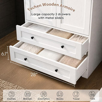 Yechen 71" Wooden Armoire Wardrobe Closet - Modern Functional Clothes Tall Storage Cabinet with Adjustable Shelf and Hanging Rail, Sturdy Freestanding Closet Wardrobe with 2 Wide Drawers for Bedroom