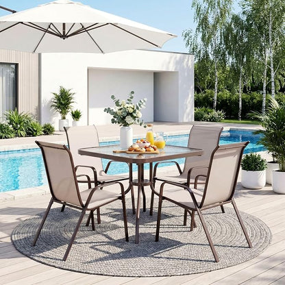 TLSUNNY Patio Dining Set 5 Pieces, All Weather Outdoor Furniture W/30"X 30" Table and 4 Stackable Textilene Chairs, Metal Table and Chairs for Patio, Lawn, Garden, Poolside, Backyard (Beige)