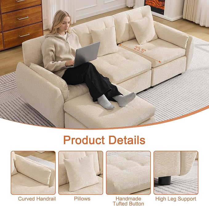84" L Shaped Modular Sectional Cloud Sofa with Ottoman, Deep Seat Tufted Chenille 4-Seater Couch with Curved Arms, Beige