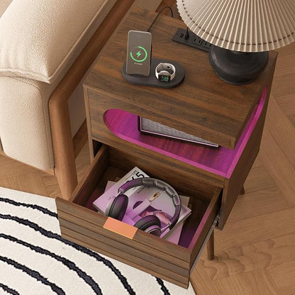 Veegle Nightstand,Modern Bedside Table with Storage Drawer and Open Wood Shelf, Accent Night Stand with Solid Wood Legs for Living Room, Bedroom and Small Spaces,Easy Assembly (Walnut Brown-1)