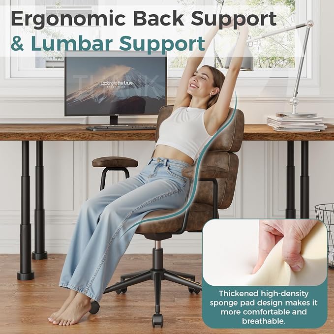 OLIXIS Ergonomic Home Office Desk Chair, PU Leather Computer Chair with Lumbar Support Adjustable Height Rolling Swivel Executive Task Armrests, Modern Brown