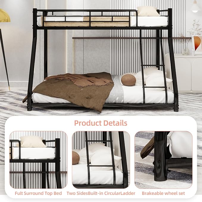 EMKK Twin Over Full Bunk Bed for Adults, Metal Bunk Beds Twin Over Full Size for Teens Dorm Bedroom Guest Room,Heavy Duty Bunk Beds with Ladder and Safety Full Length Guardrail (Black)