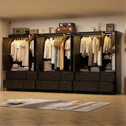 PAKASEPT Armoire Wardrobe Closet with w/Folding Sliding Barn Door | Bedroom Armoires with Mirror and LED Lights, Hanging Rod, 9 Door Armoire for Bedroom